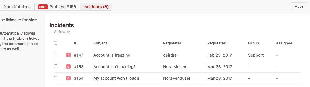 Interfaz del ticket de problema de Zendesk que muestra tres tickets de incidente vinculados.