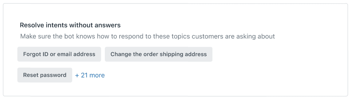 Bot configuration panel with suggested intents for password reset and account recovery