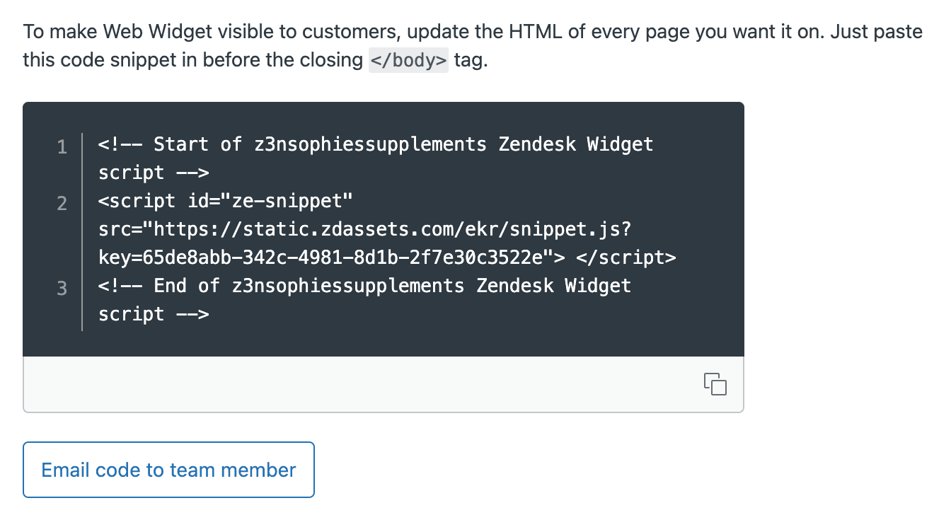 Zendesk's installation section displaying the Web Widget embed code snippet with a copy button.