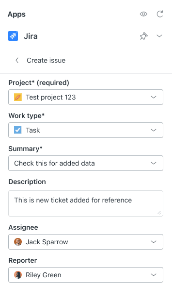 Jira's 'Create issue' form displayed within a sidebar application, allowing users to quickly log new tasks or bugs.