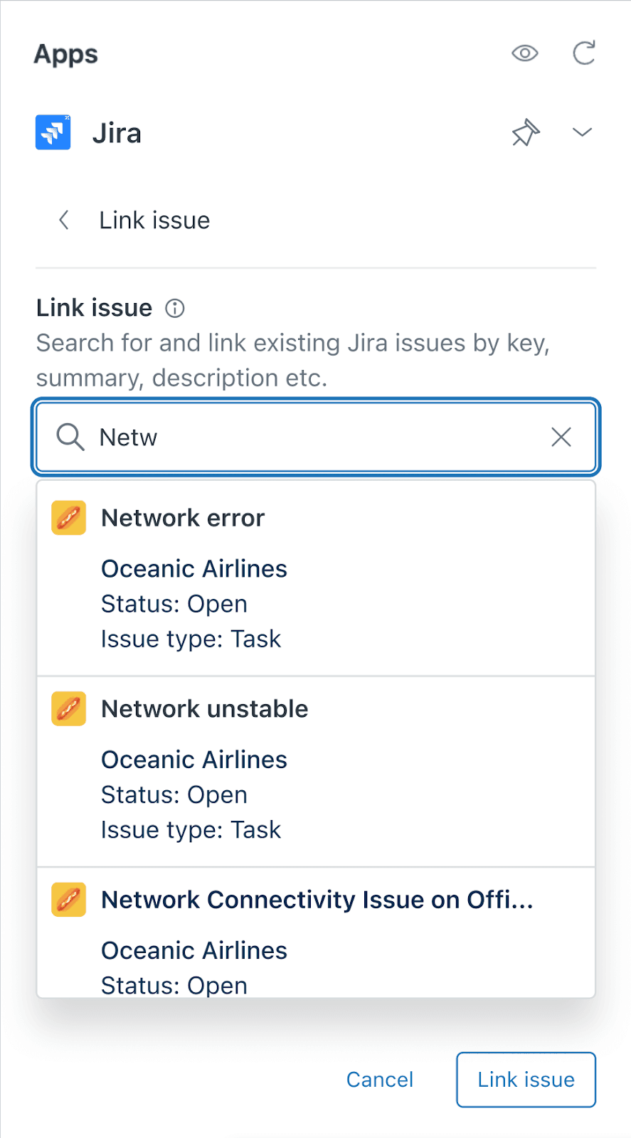 Jira's Link Issue dialog displaying a search field and a list of selectable issues.