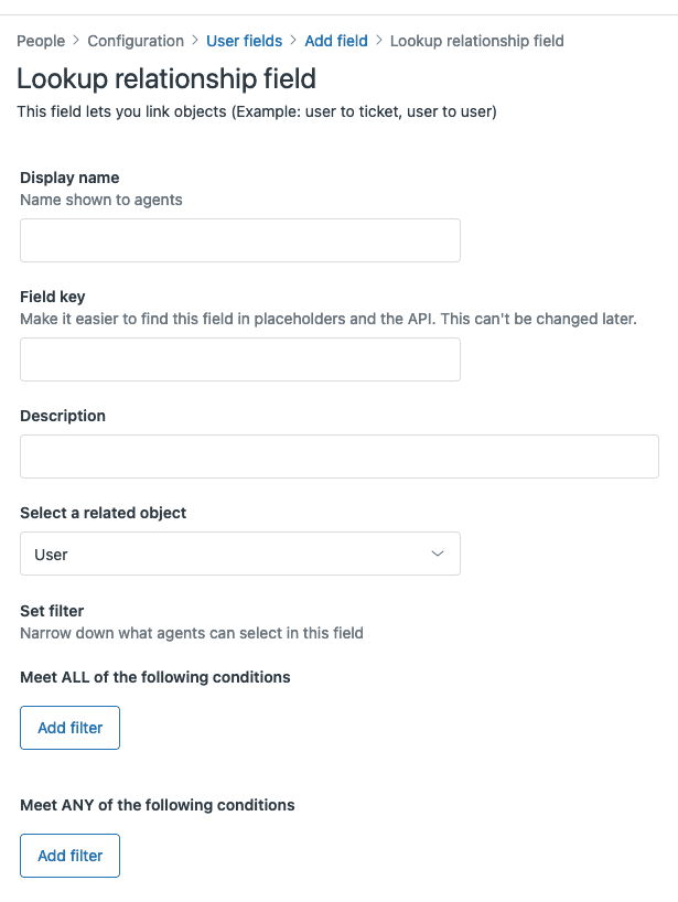 Lookup relationship field configuration panel showing related object selection