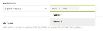 Zendesk macro builder interface showing availability options and description fields