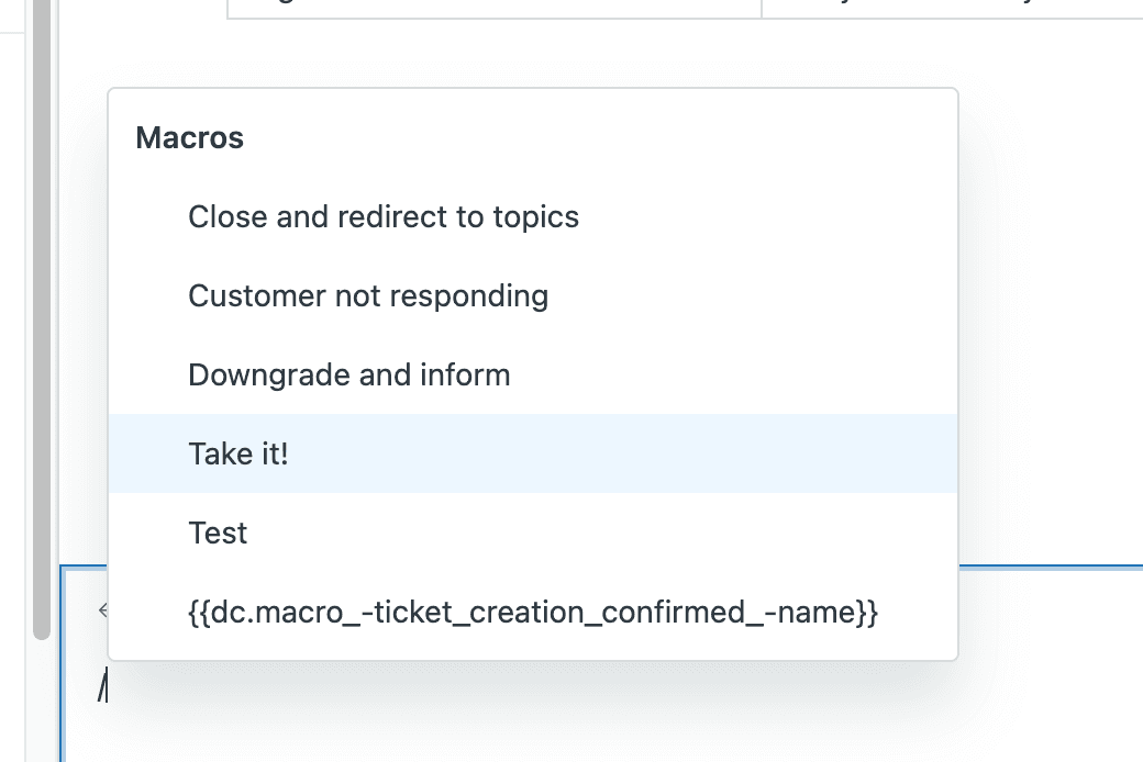 Zendesk macro selection menu with keyboard shortcut activated.
