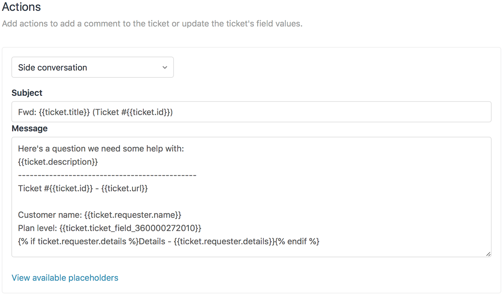 Interface de macro do Zendesk com configuração de ação de conversa paralela