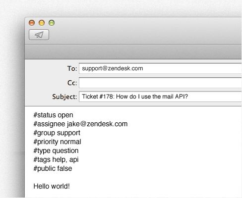 Mail API commands in email client for managing Zendesk ticket properties