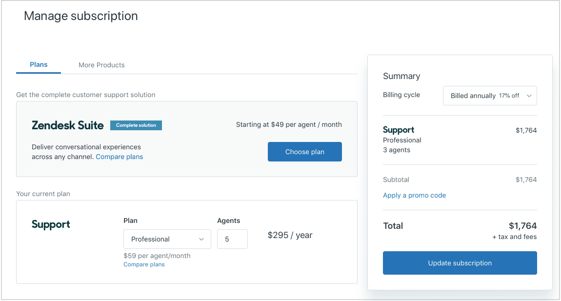 現在のプランの詳細と請求を更新するオプションを表示するZendeskのサブスクリプション管理インターフェイス。