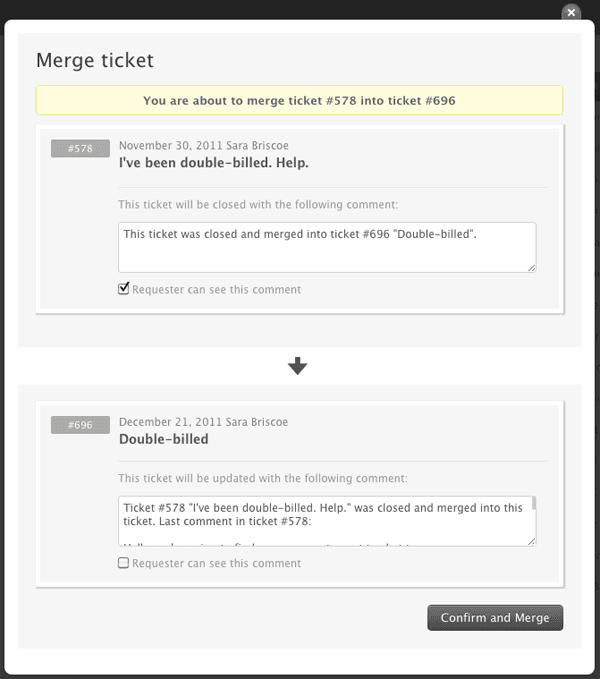 Zendesk ticket merge dialog for confirming ticket merges