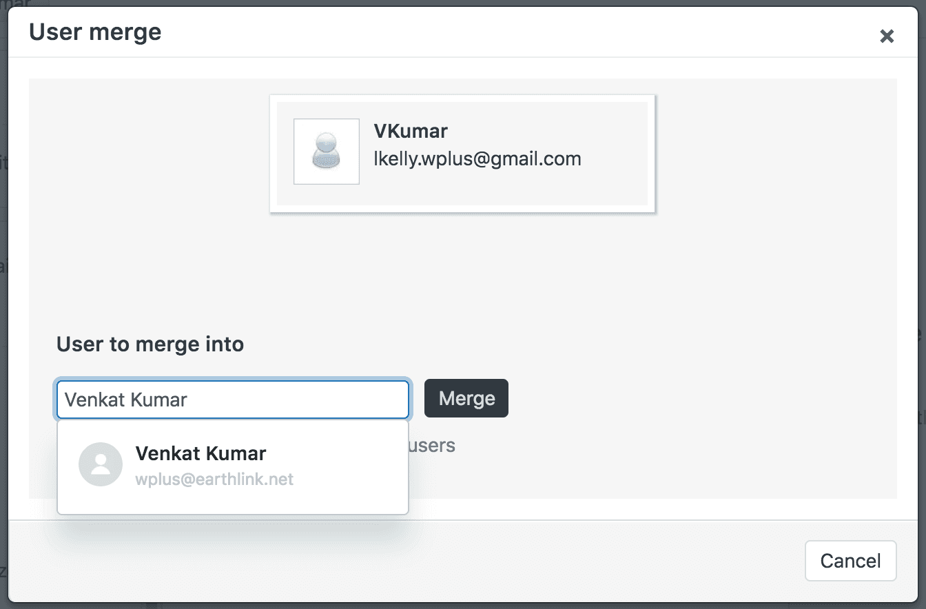Zendesk's user merge interface showing the process of consolidating duplicate user accounts.