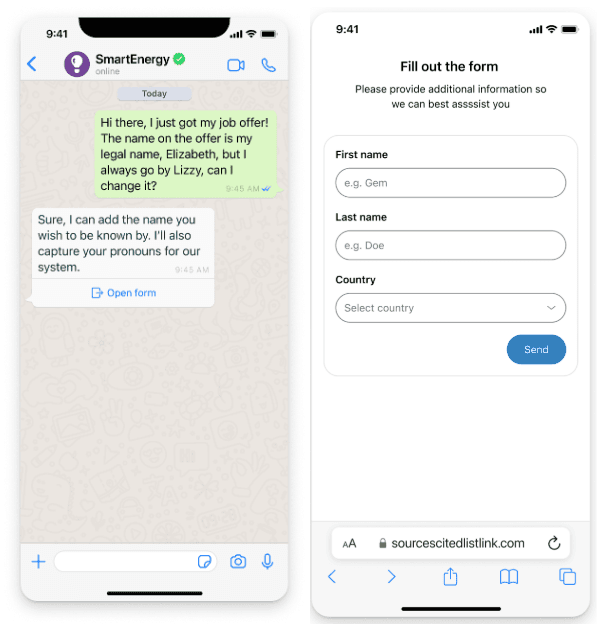 Mobile chat structured message with Open form button linking to web form