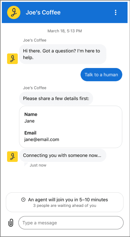 Messaging widget showing estimated wait time banner for customers