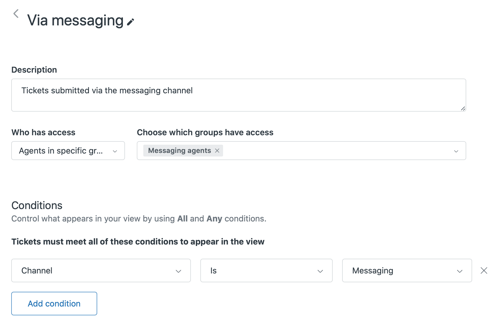 A routing configuration panel displaying group assignment options for messaging agents and conditions for ticket routing based on the messaging channel