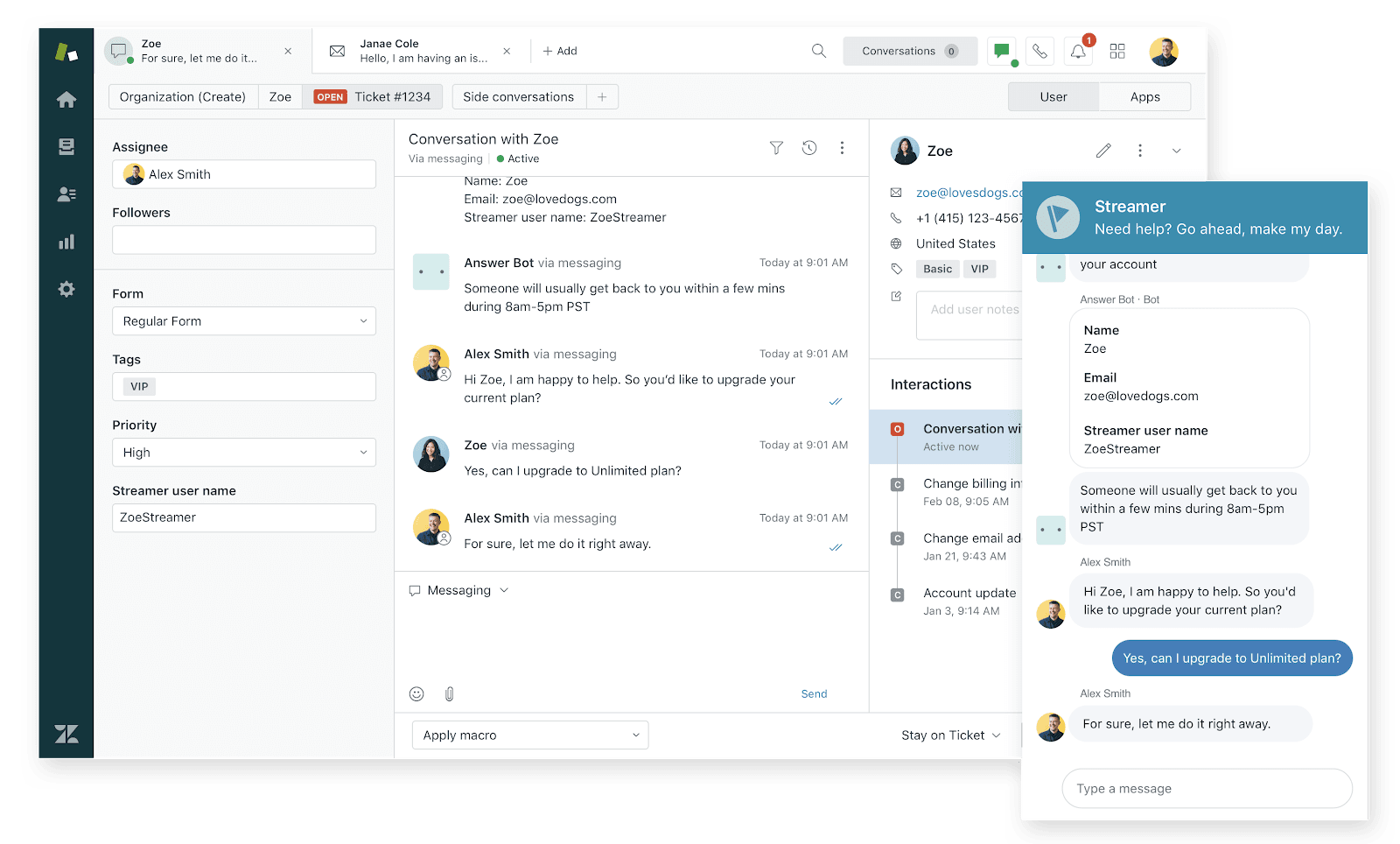 Zendesk messaging interface with customer context panel