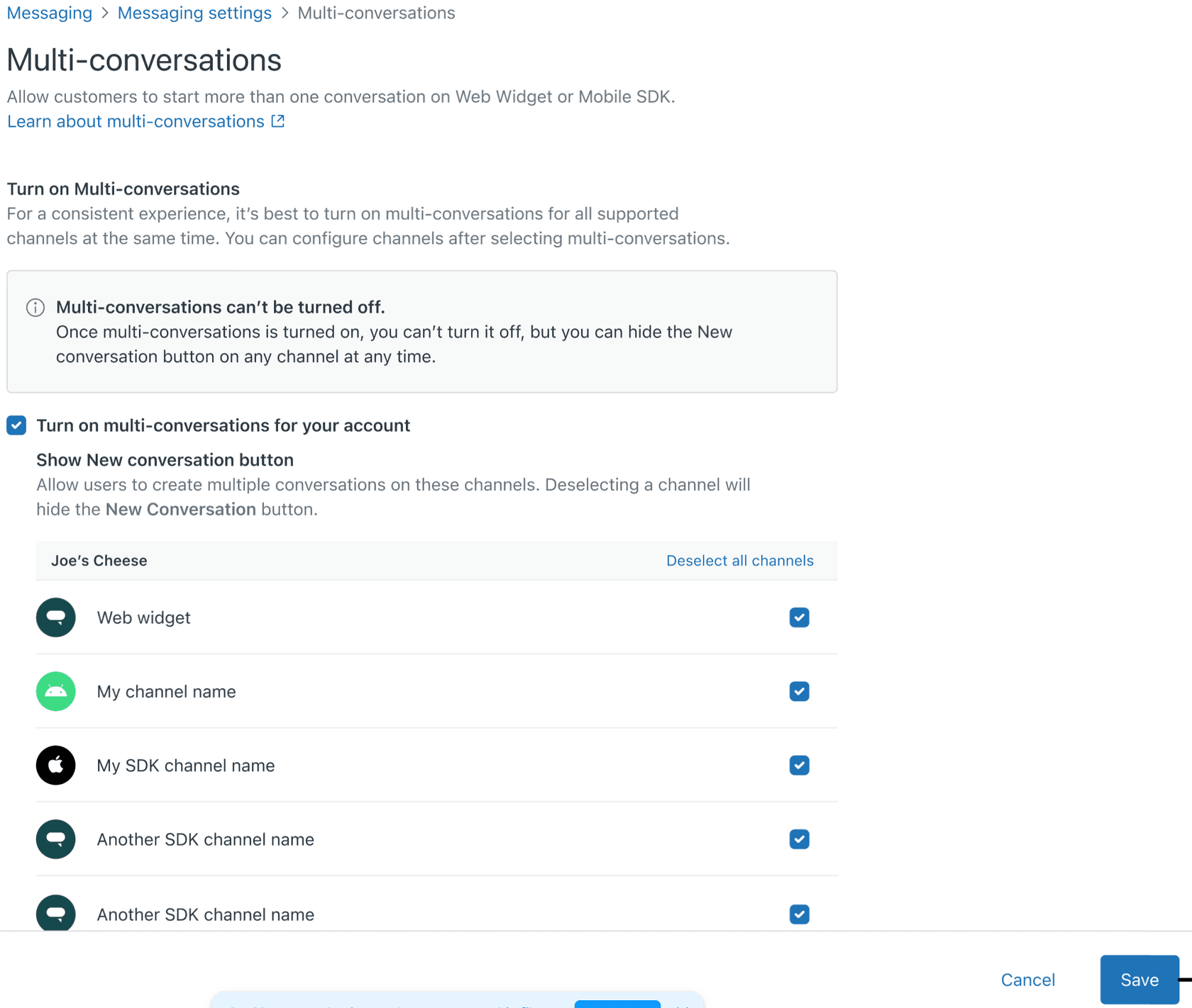 Admin panel for configuring multi-conversations across channels