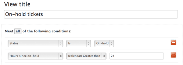 Zendesk ticket view configuration showing the 'On-hold' status selected as a filter condition.