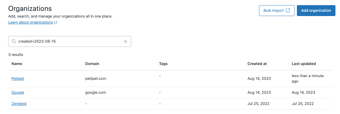 The organization management interface showing a list of configured organizations