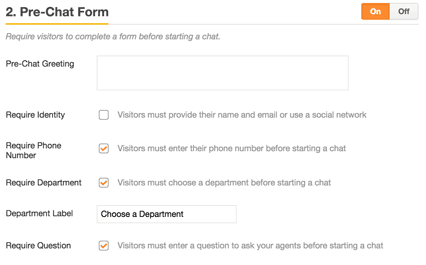 A chat settings panel showing the configuration options for a Pre-Chat Form.