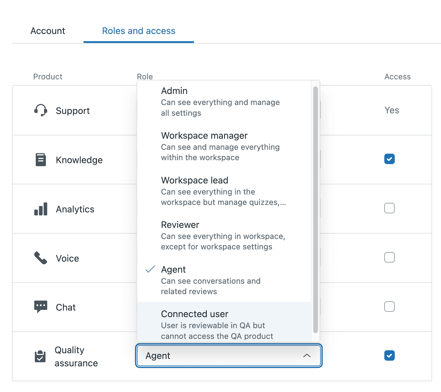 Zendesk admin panel for configuring Quality Assurance, Voice, and Chat user roles