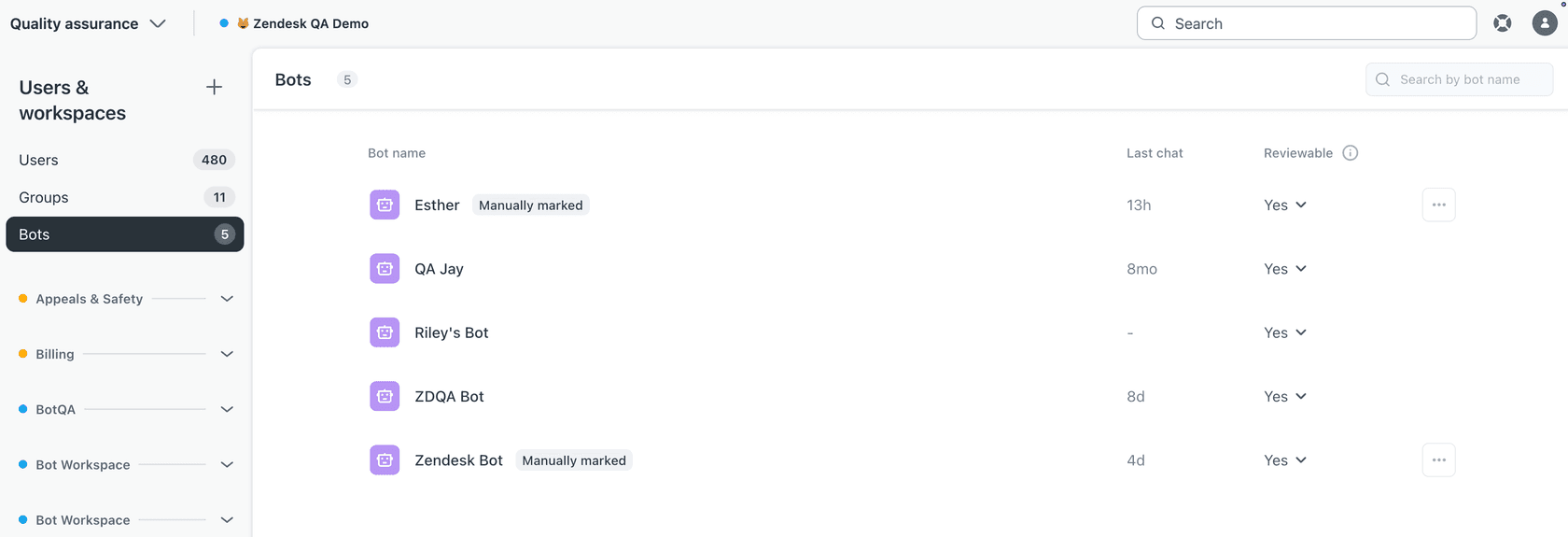 A interface de gerenciamento de bot do Zendesk mostrando uma lista de agentes de IA, seu status revisável e acesso a opções de configuração.