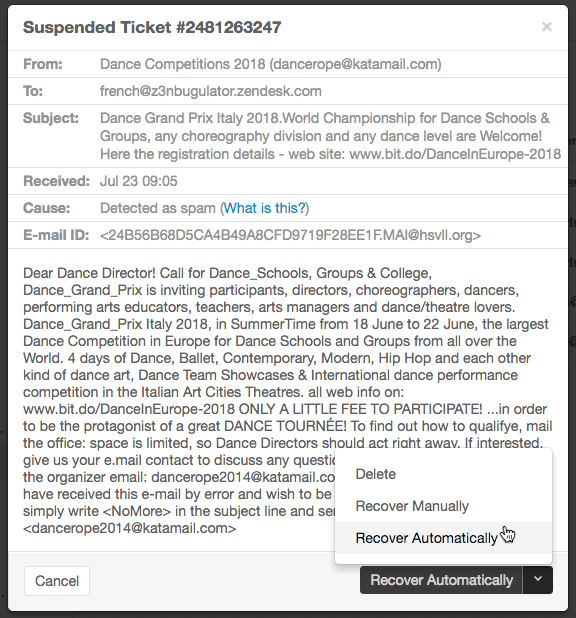 Zendesk Details zum ausgesetzten Ticket mit Optionen zur manuellen und automatischen Wiederherstellung