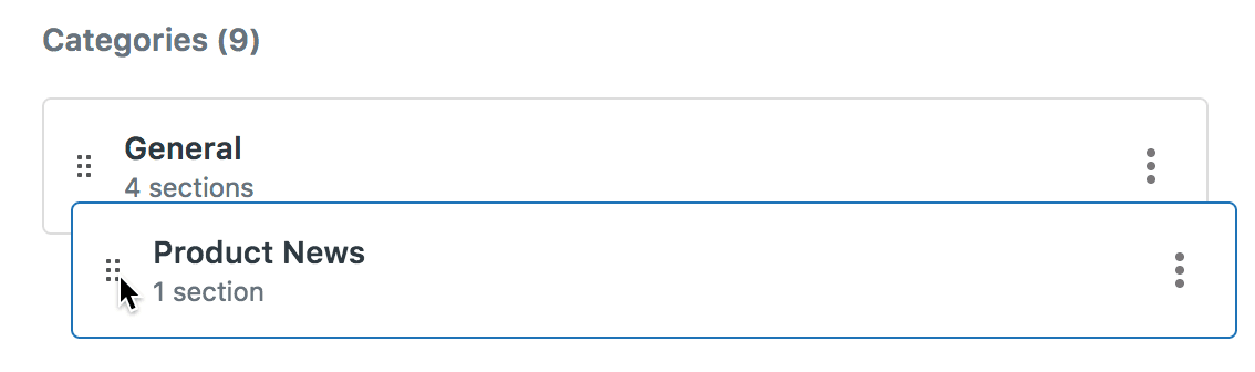 Interface de organização de conteúdo do Zendesk Guide com funcionalidade de arrastar e soltar