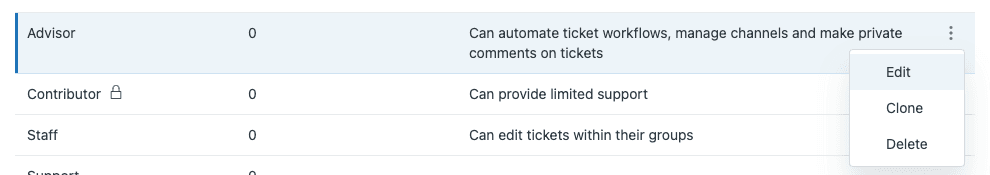 Zendesk Admin Center custom roles interface with permission summaries