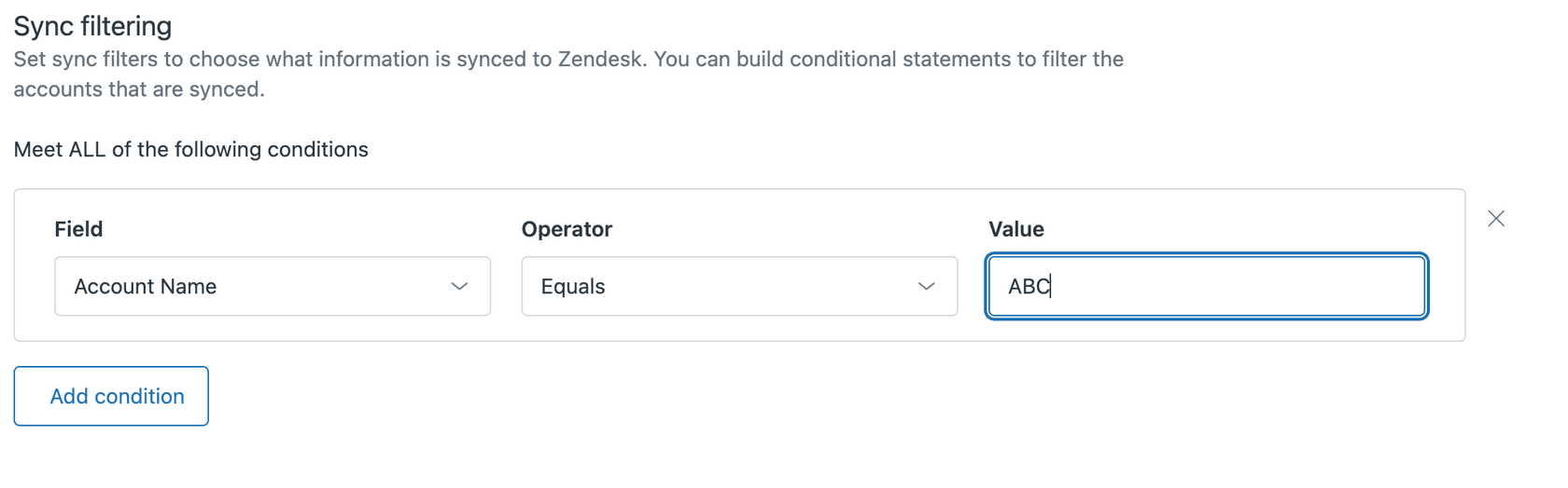 La interfaz de filtrado de sincronización, probablemente dentro de Zendesk, que muestra sentencias condicionales para filtrar cuentas en función de su campo 'Nombre de cuenta'.
