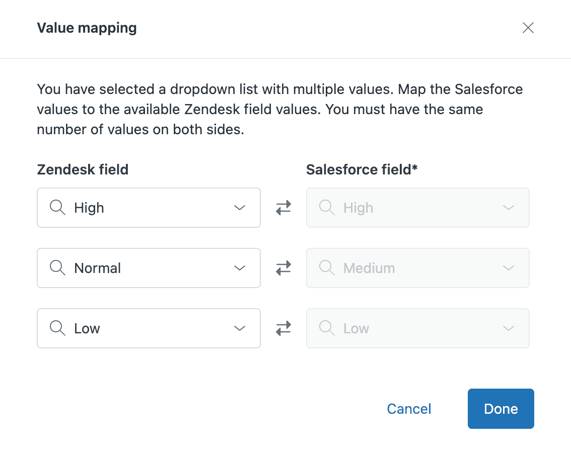Modal de mapeo de valores de Zendesk para sincronizar valores de campo entre Zendesk y Salesforce