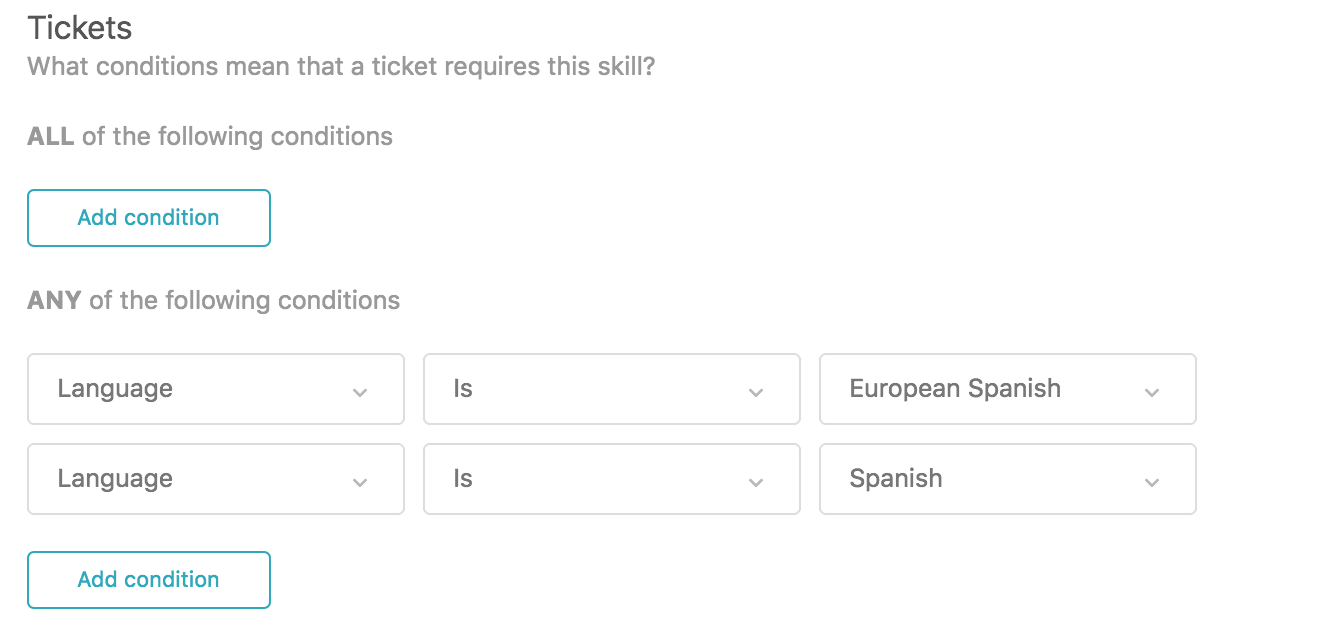 Skill conditions interface showing options for ALL and ANY condition types