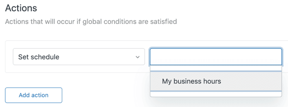 Zendesk's trigger configuration panel, demonstrating the 'Set schedule' action with 'My business hours' selected.