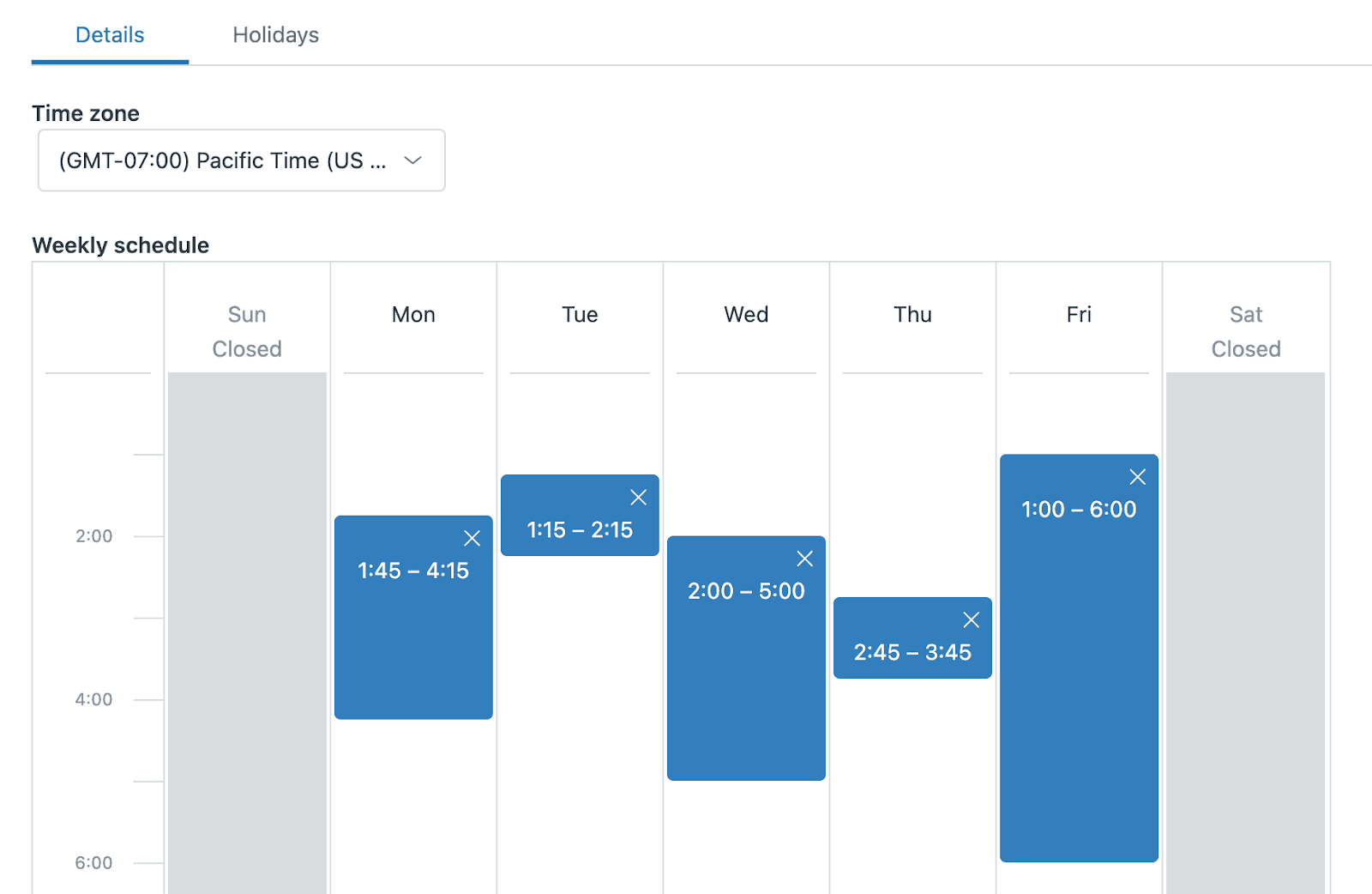 Zendesk Zeitplankonfigurationsseite mit anpassbaren Zeitblöcken