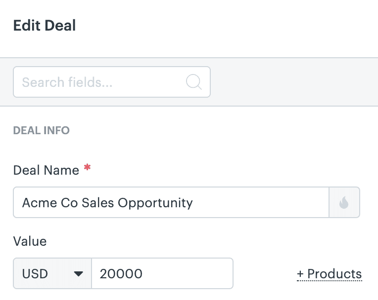 Deal editing interface showing currency selection dropdown