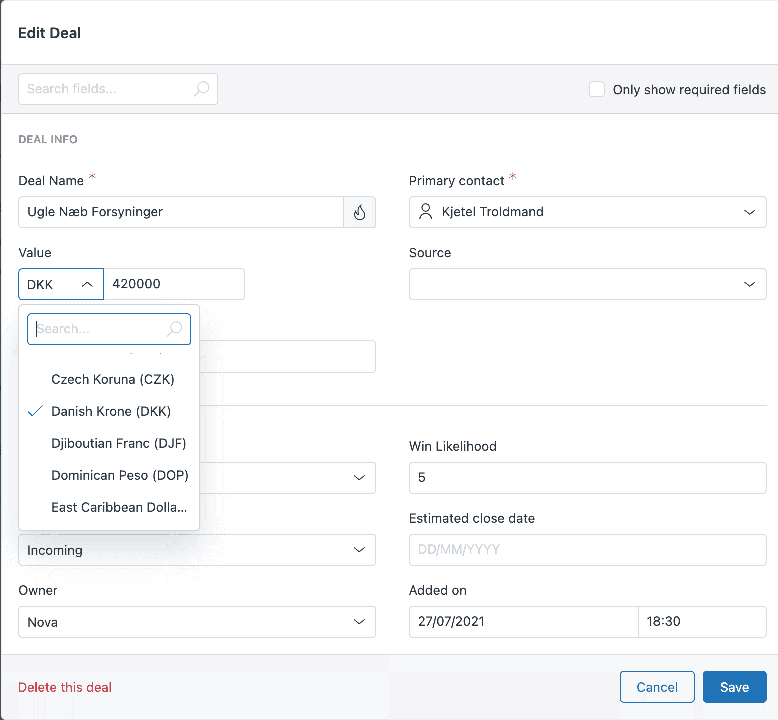 Zendesk Sell deal editing interface with Danish Krone selected