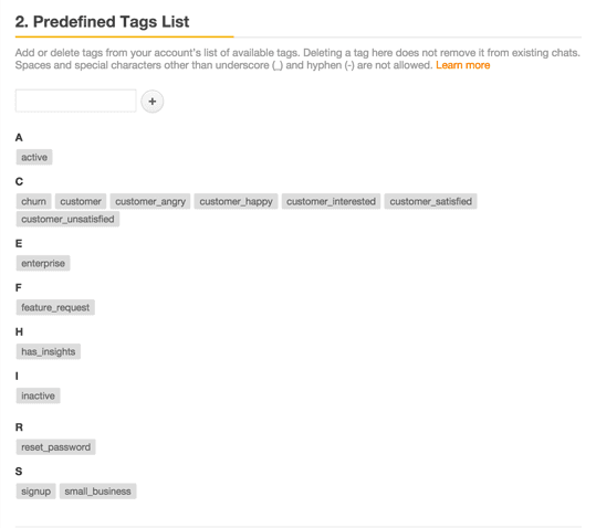 Admin Center interface showing the chat tags configuration panel with a list of predefined tags
