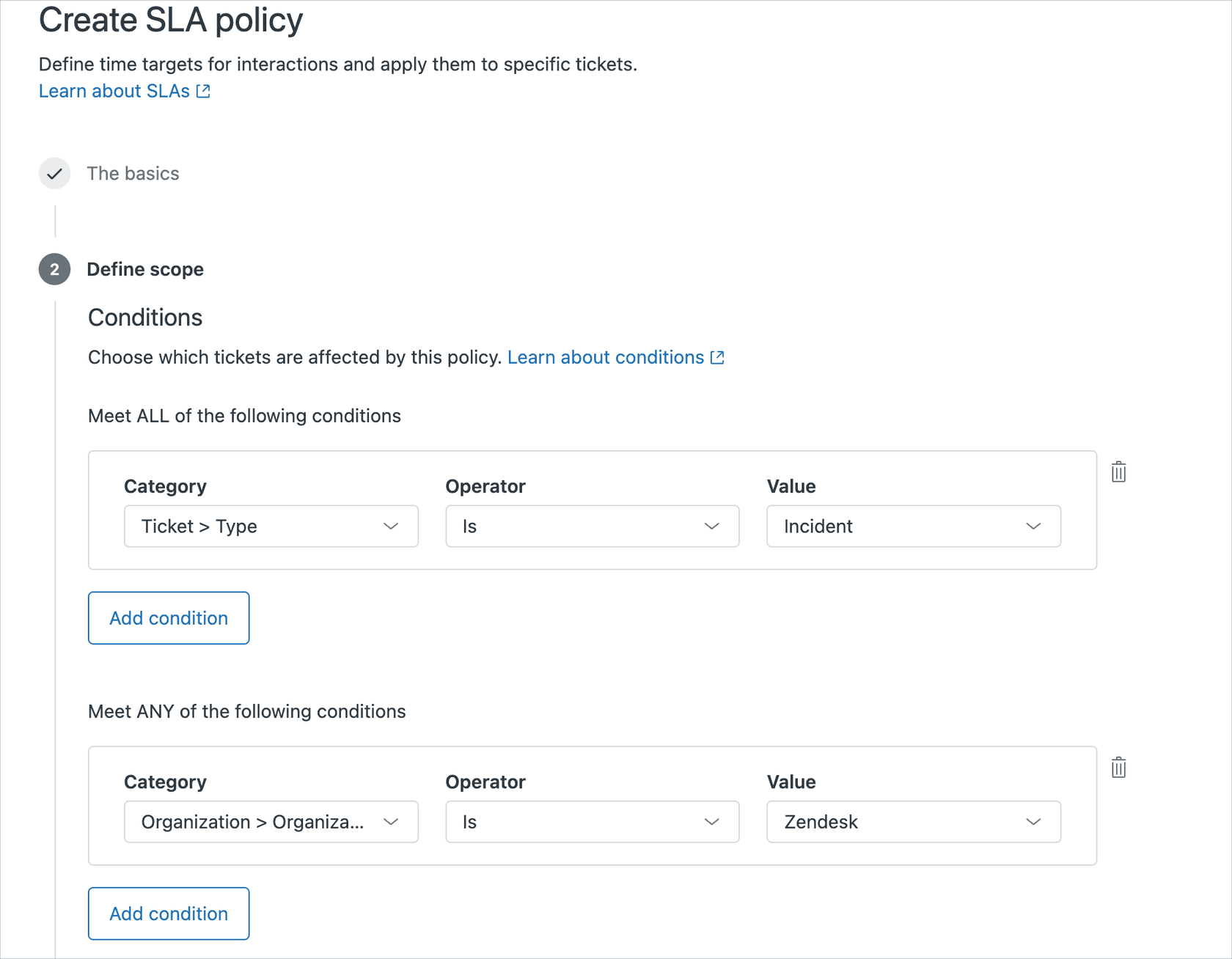 SLA policy creation form showing name, description, and condition settings.
