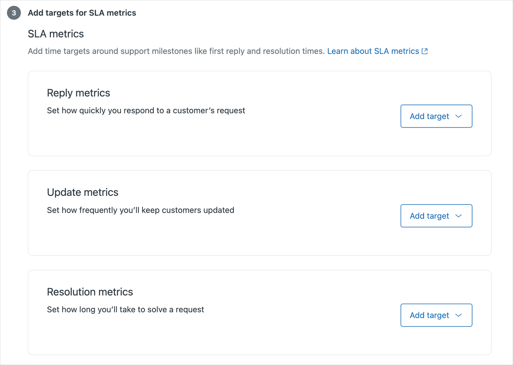 SLA metrics configuration page with reply, update, and resolution time options