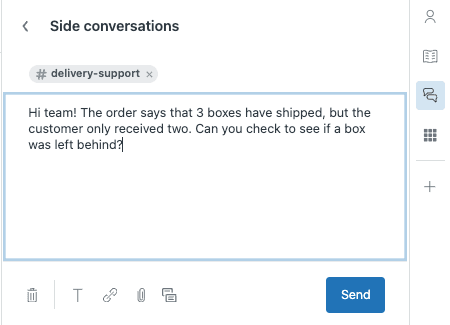 Side conversation composer showing Slack channel selection and message composition interface