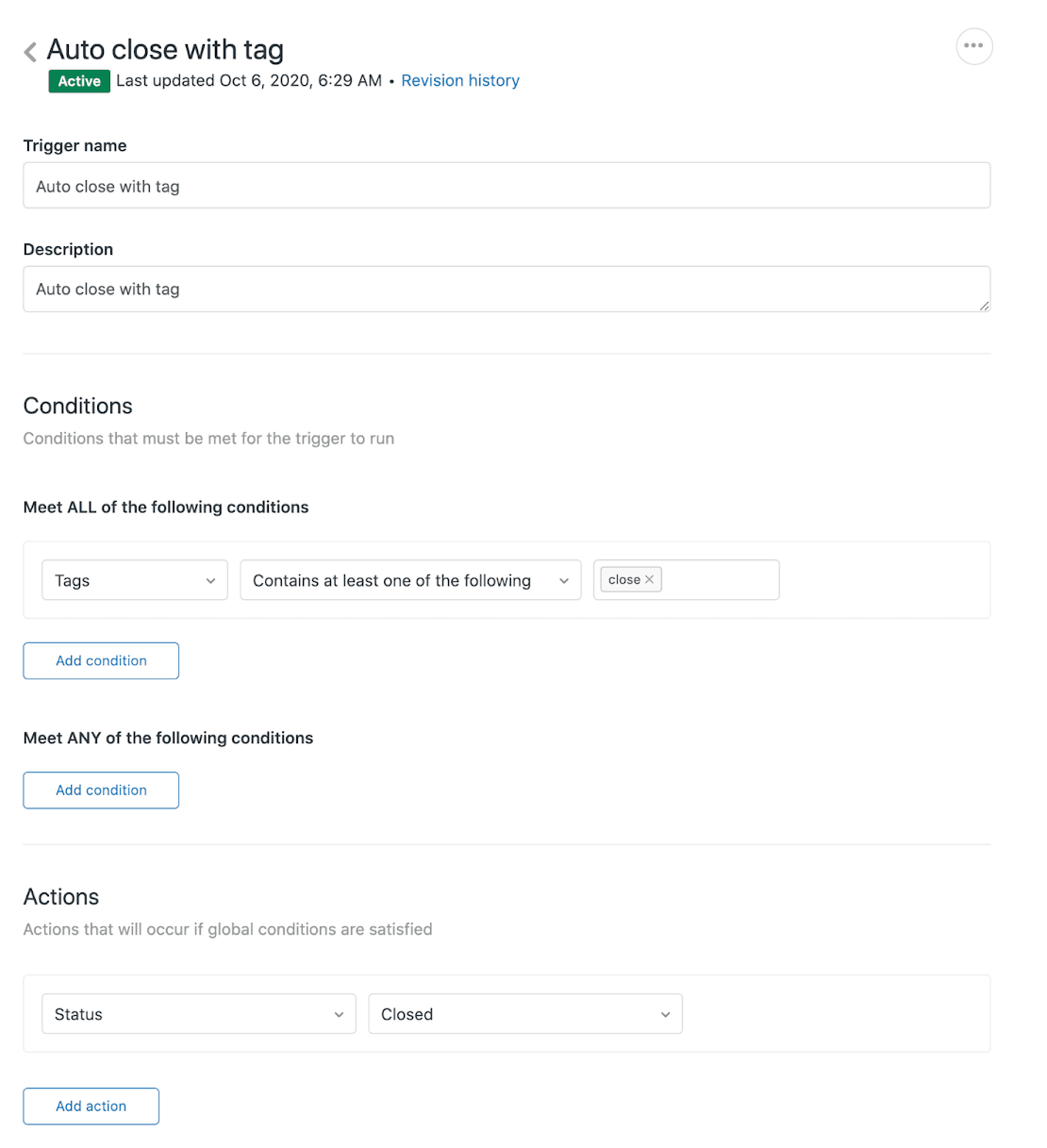 A trigger configuration interface showing conditions for automatically closing tickets based on a close tag