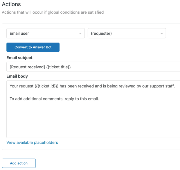 Zendesk business rules action configuration panel for automated email responses