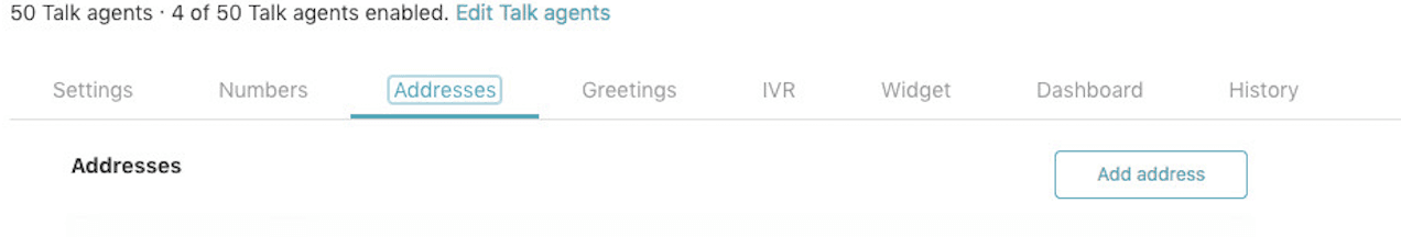 The Talk settings interface displaying the Addresses tab with an option to add a new address.