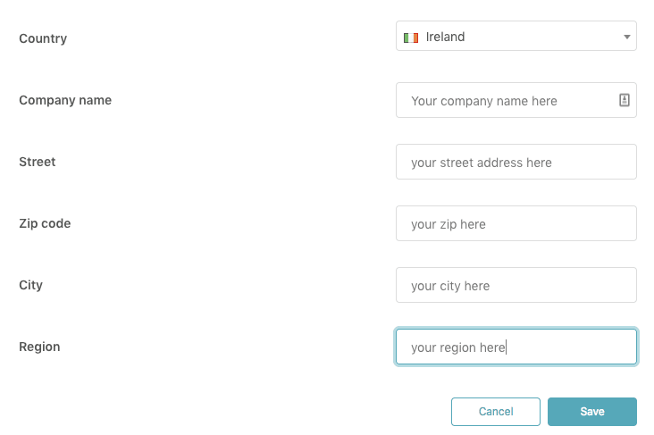 A user interface form for adding or editing address details, featuring fields for country, company name, street, zip code, city, and region, with 'Cancel' and 'Save' actions.