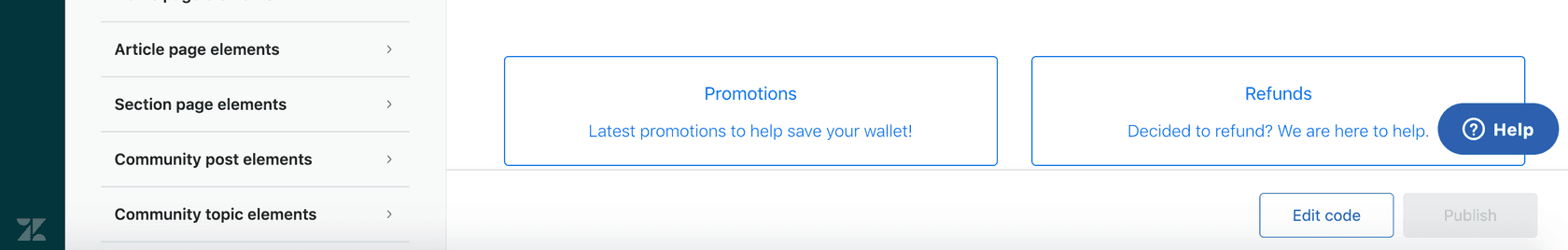 Zendesk Guide's admin interface displaying content elements for articles and sections, alongside content cards for 'Promotions' and 'Refunds' with options to edit code and publish.
