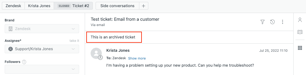 Zendesk's ticket interface displaying an 'Archived ticket' notification banner at the top of a closed ticket.