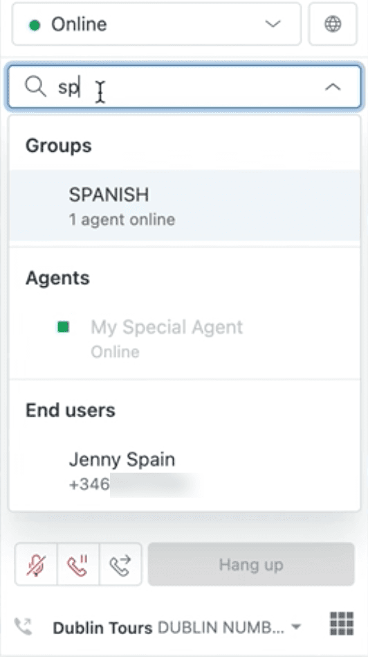 Call console interface showing agent contacts and external number transfer options