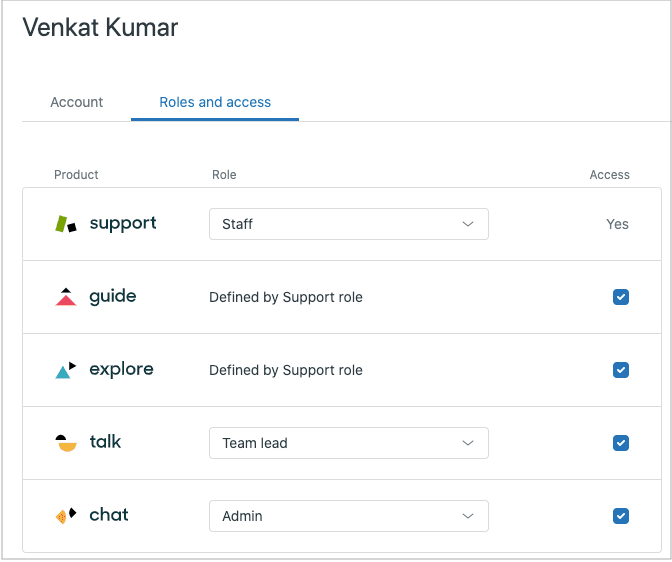 役割とアクセス許可を表示するZendeskユーザー管理インターフェイス
