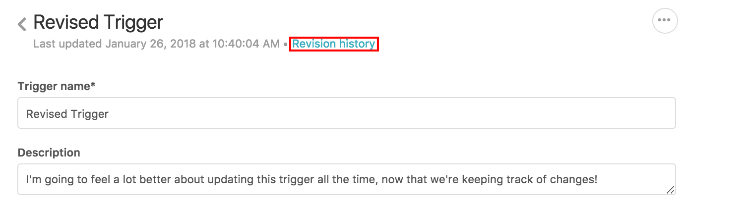 Zendesk Admin Center trigger edit page with revision history link