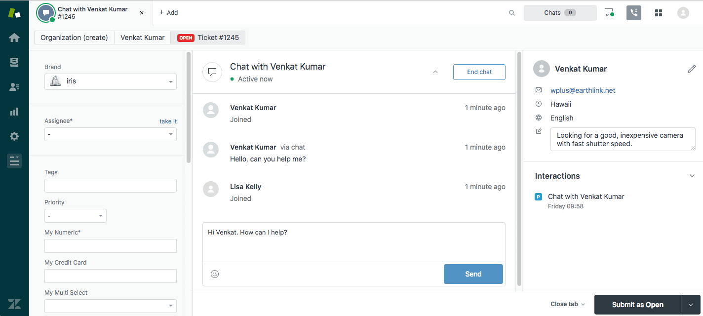 The agent workspace interface showing a live chat conversation with Venkat Kumar, customer details, and associated ticket fields.