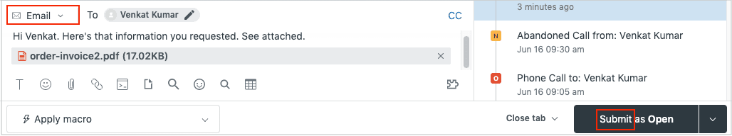 Customer support interface with email composer and macro option