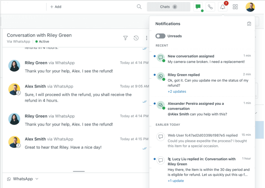 Agent workspace notifications list with messaging alerts and unread indicators