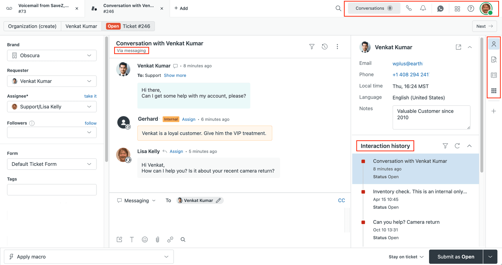 Zendesk Agent Workspace displaying a unified ticket view with messaging history and multiple channel indicators.